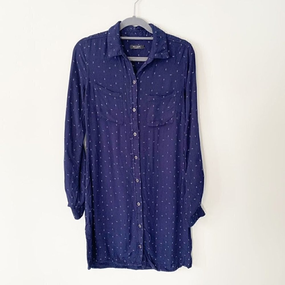 5/$25 Max Jeans Shirt Dress Women XS Navy Blue Arrow Print Roll Tab Long Sleeve